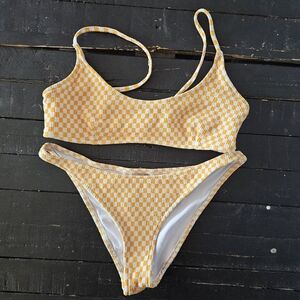Aurelle Women's Large Golden Yellow White Checkered Bikini Set Cheeky Swim Check